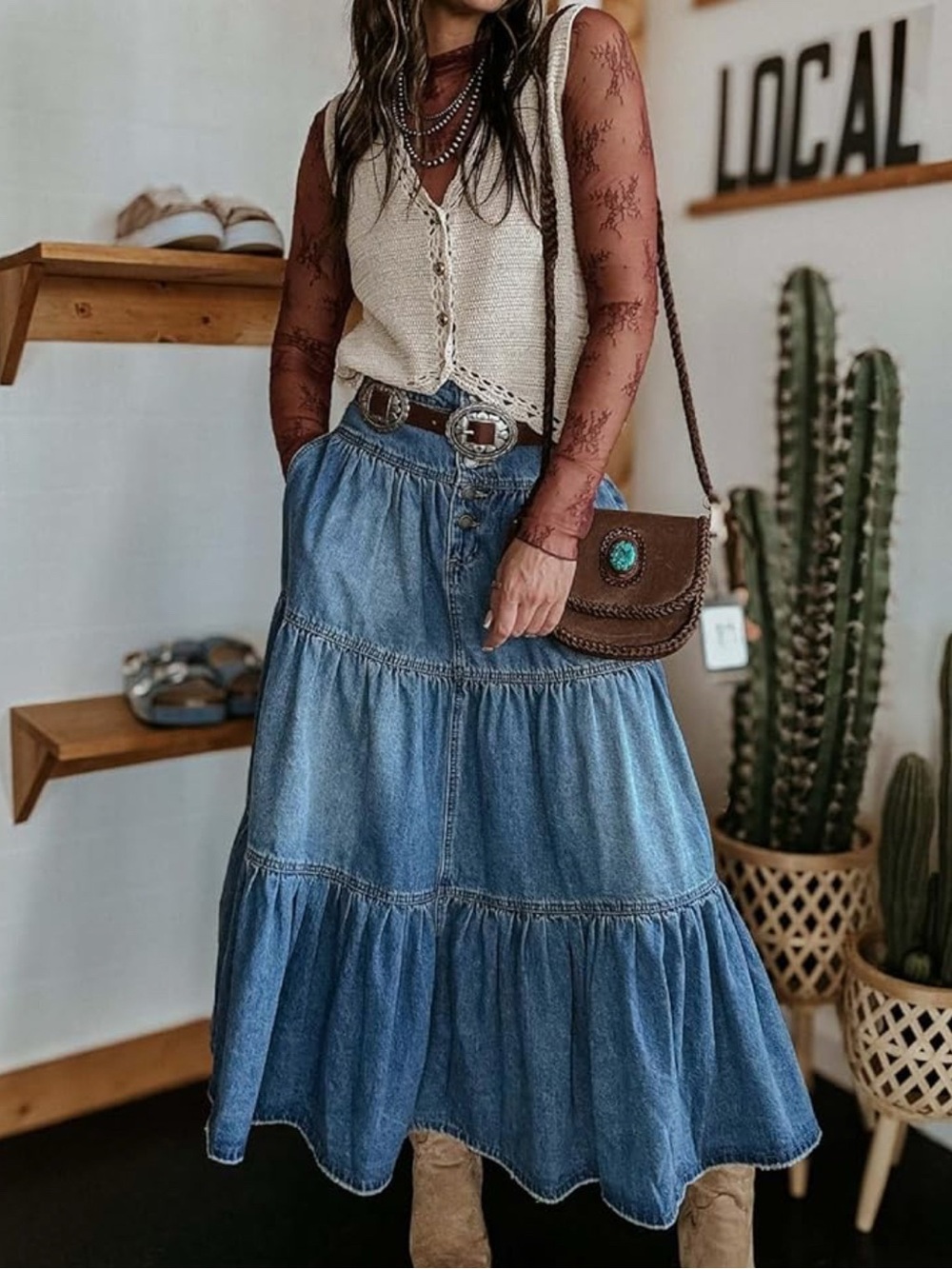 High-Waist Tiered Denim Maxi Skirt - Blue - Picture 2 of 5
